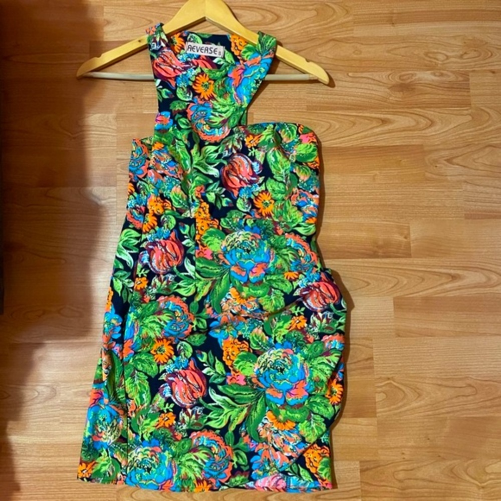 Small Reverse Neon Asymmetrical Floral Mini Dress